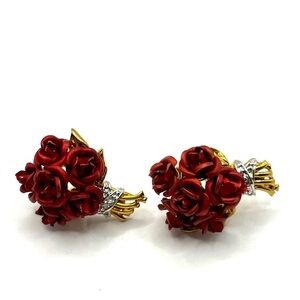Red Rose Dozen Bouquet of Flower Earrings Gold Tone and Metal painted Red Roaes
